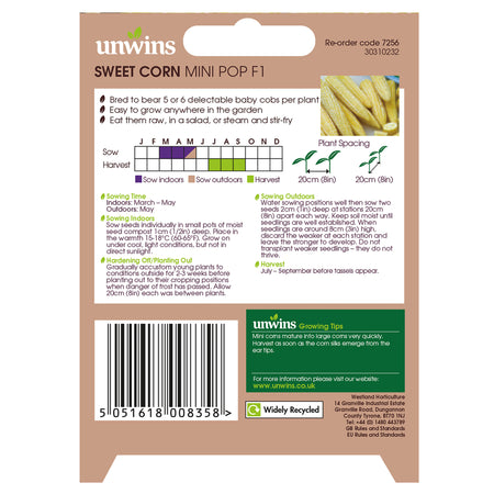 Unwins Sweet Corn Mini Pop F1 Seeds