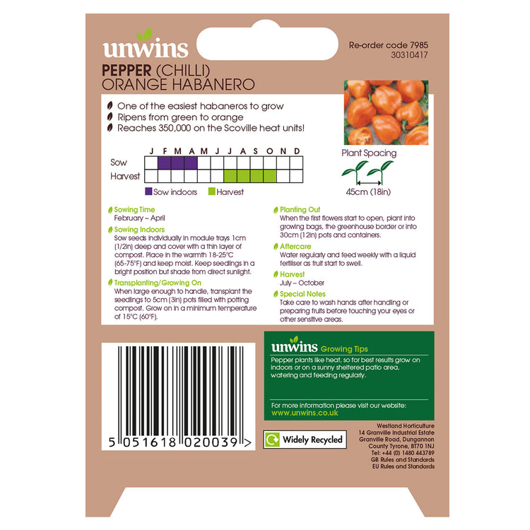 Unwins Chilli Pepper Orange Habanero Seeds