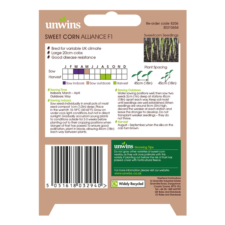 Unwins Sweet Corn Alliance F1 Seeds
