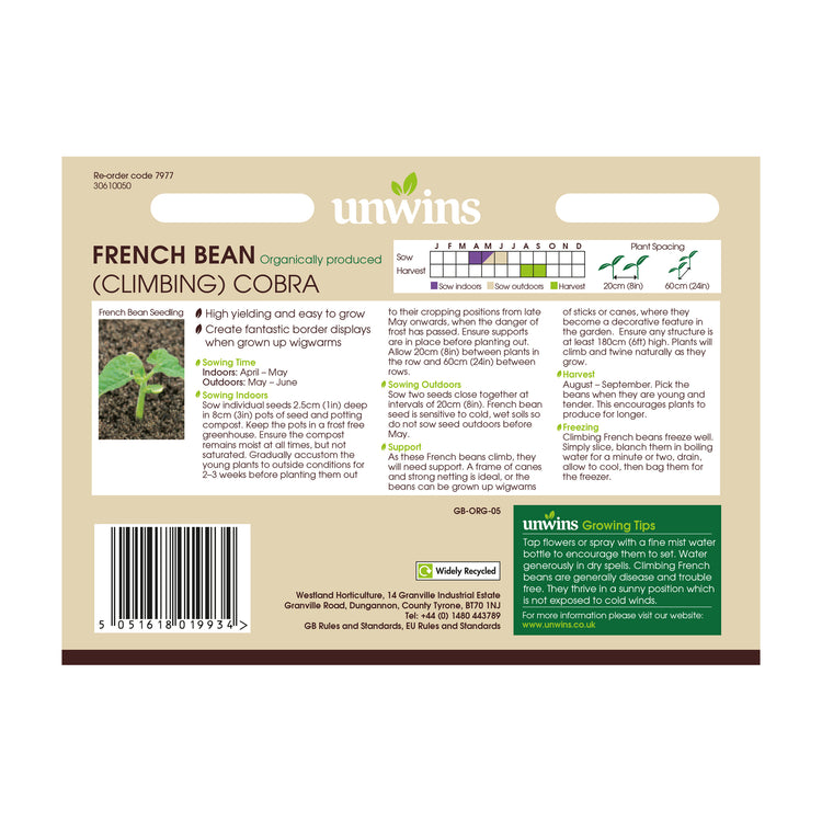 Unwins Organic Climbing French Bean Cobra Seeds
