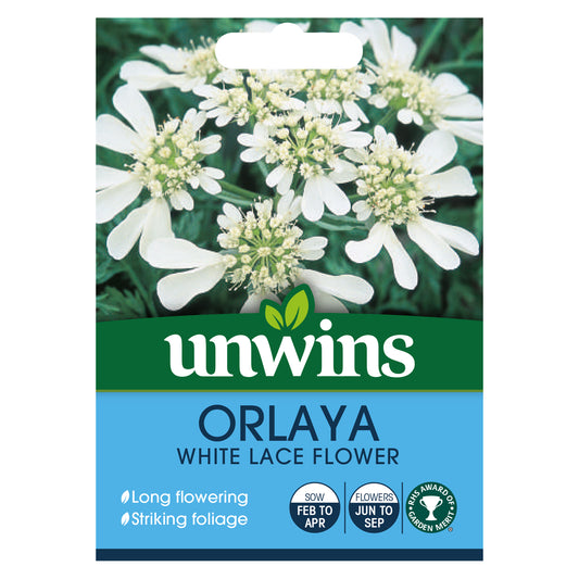 Unwins Orlaya White Lace Flower Seeds front of pack