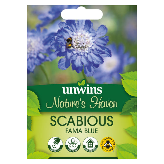 Nature's Haven Scabious Fama Blue Seeds front of pack