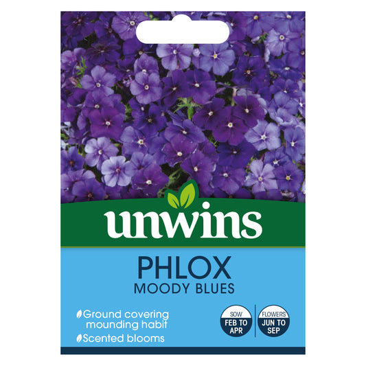 Unwins Phlox Moody Blues Seeds front of pack