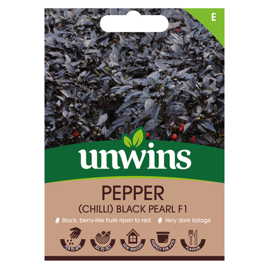 Unwins Chilli Pepper Black Pearl F1 Seeds front of pack