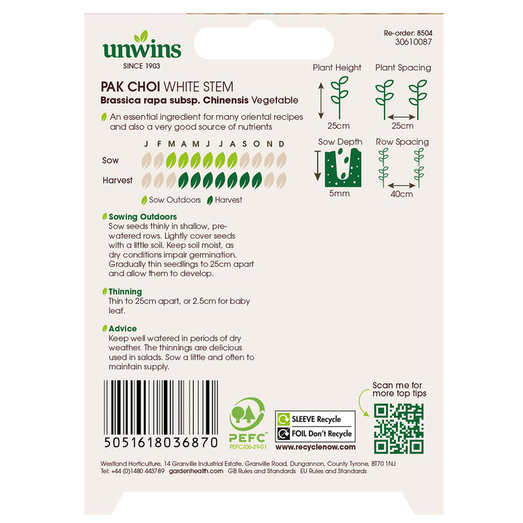 Unwins Organic Pak Choi White Stem Seeds