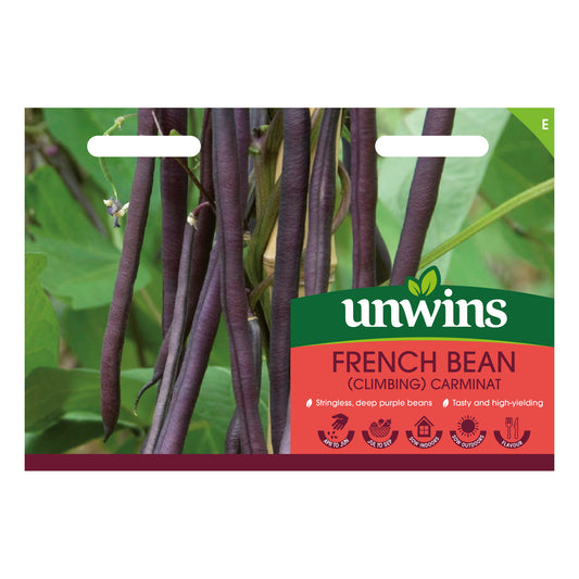Unwins Climbing French Bean Carminat Seeds front of pack
