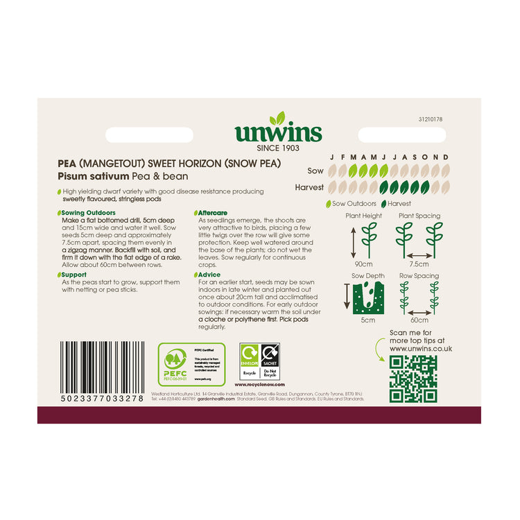 Unwins Pea (Mangetout) Sweet Horizon (Snow Pea) Seeds