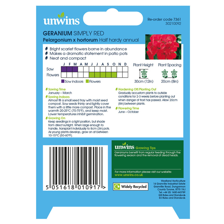 Unwins Geranium Simply Red F1 Seeds