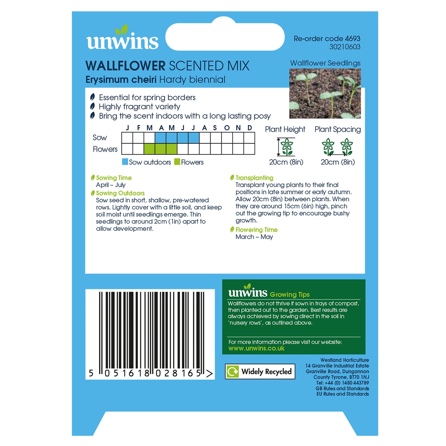 Unwins Wallflower Scented Mix Seeds - back