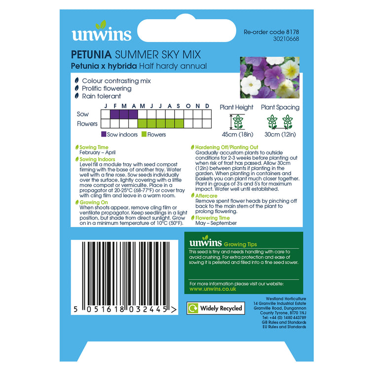 Unwins Petunia Summer Sky Mix Seeds