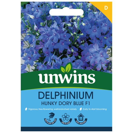 Unwins Delphinium Hunky Dory Blue F1 Seeds front of pack