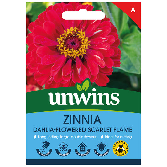 Unwins Zinnia Dahlia-flowered Scarlet Flame Seeds front of pack