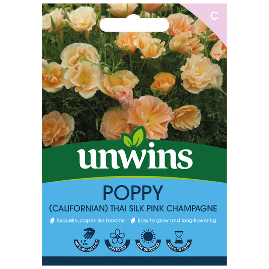 Unwins Californian Poppy Thai Silk Pink Champagne Seeds - front