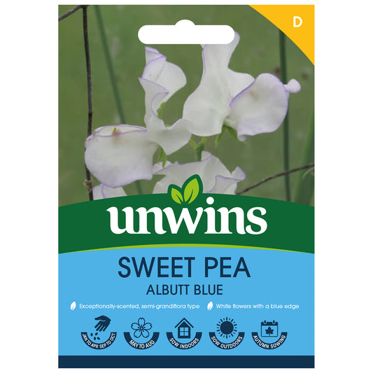 Unwins Sweet Pea Albutt Blue Seeds - front