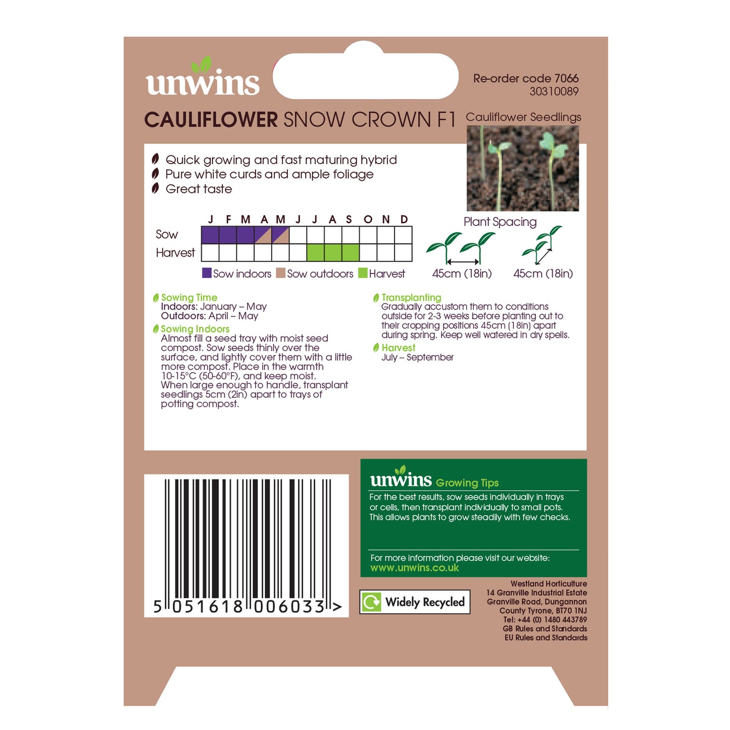 Unwins Cauliflower Snow Crown F1 Seeds back