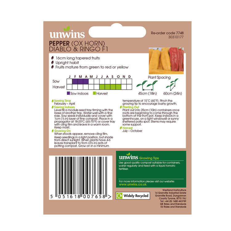 Unwins Ox Horn Pepper Diablo & Ringo F1 Seeds