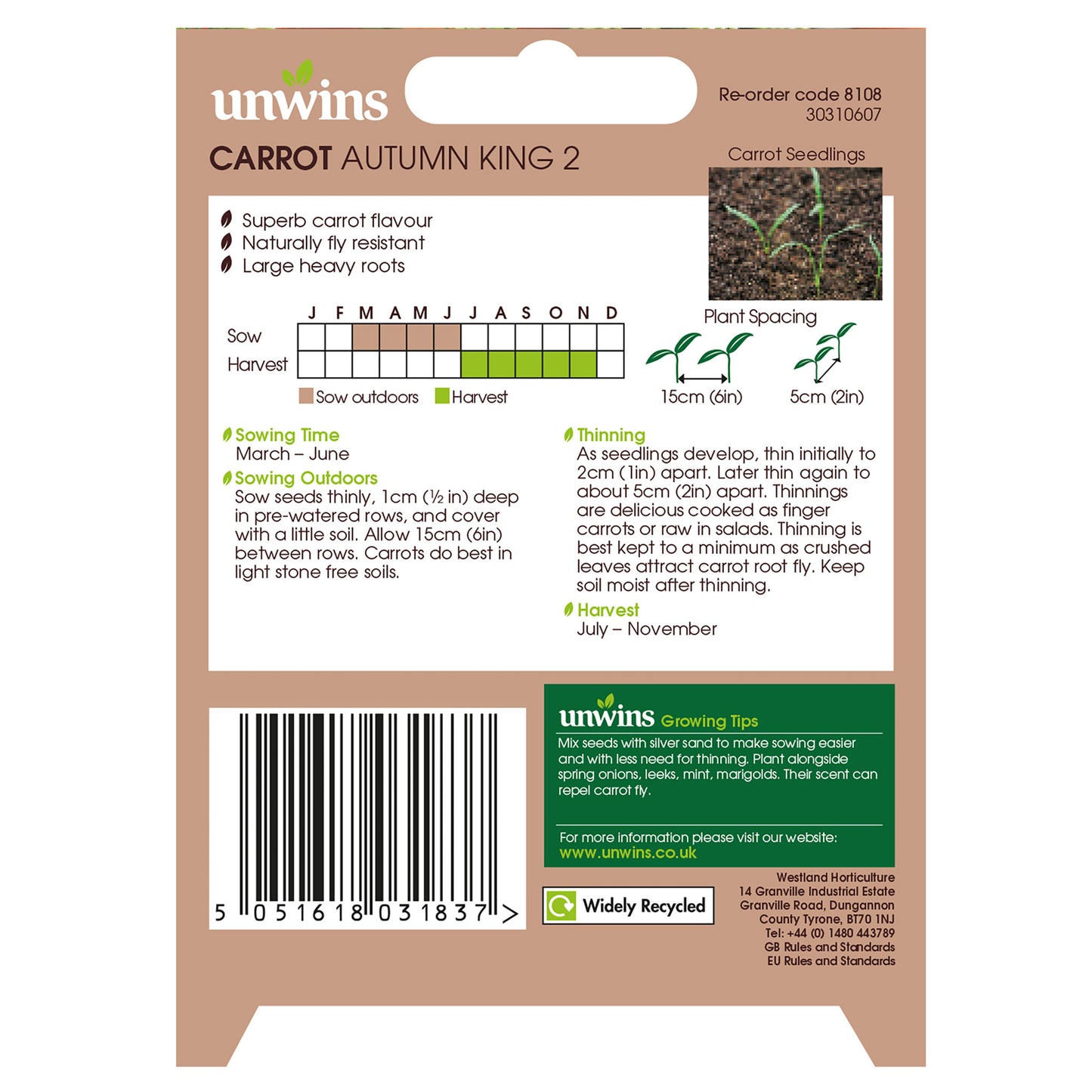 Unwins Carrot Autumn King 2 Seeds back of pack