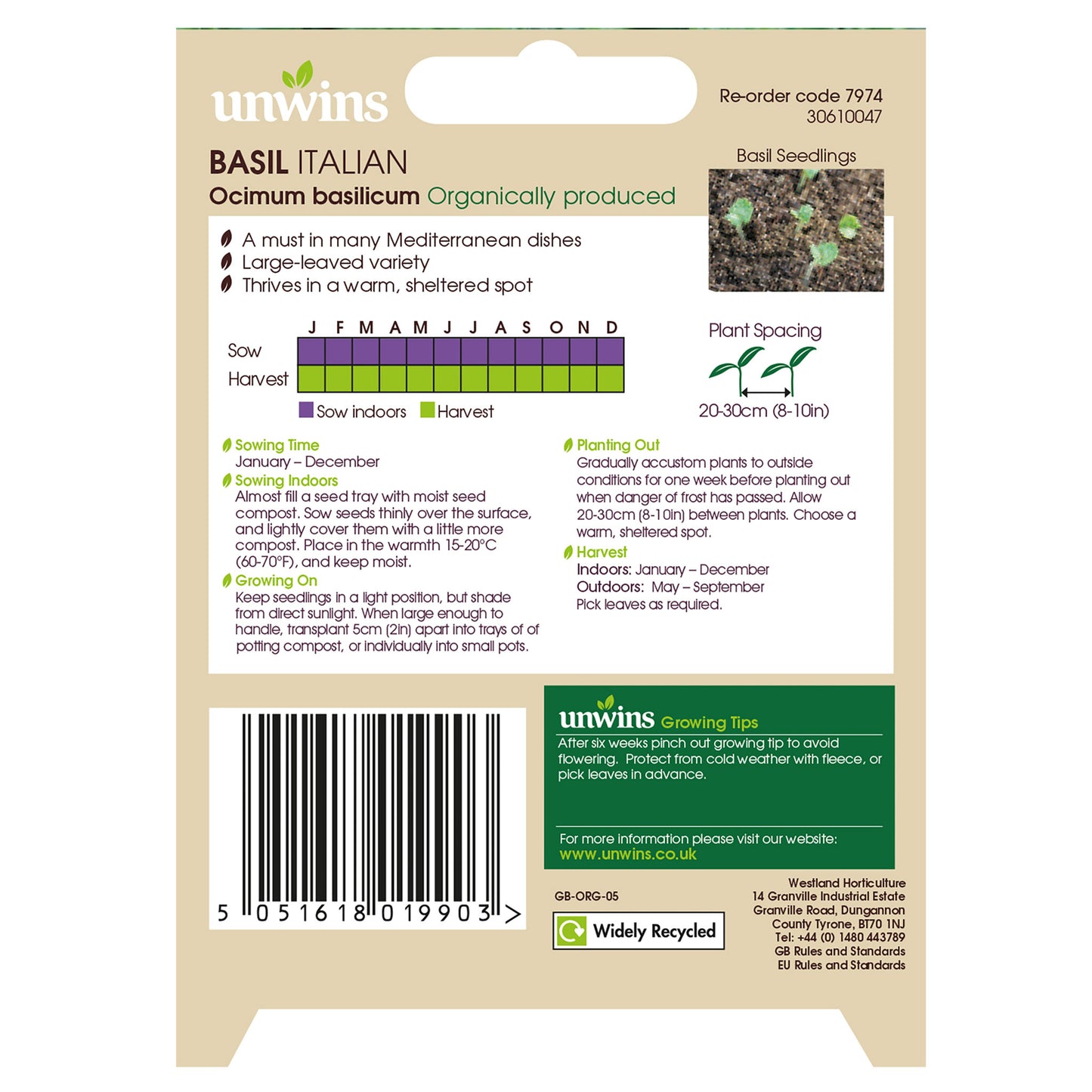 Unwins Organic Herb Basil Italian Seeds - back
