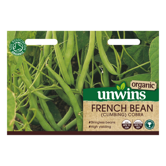 Unwins Organic Climbing French Bean Cobra Seeds front of pack