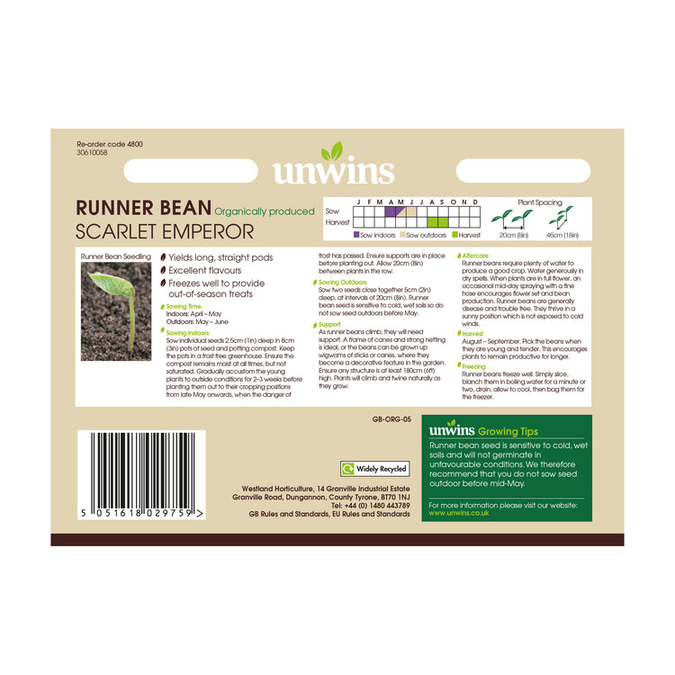 Unwins Organic Runner Bean Scarlet Emperor Seeds