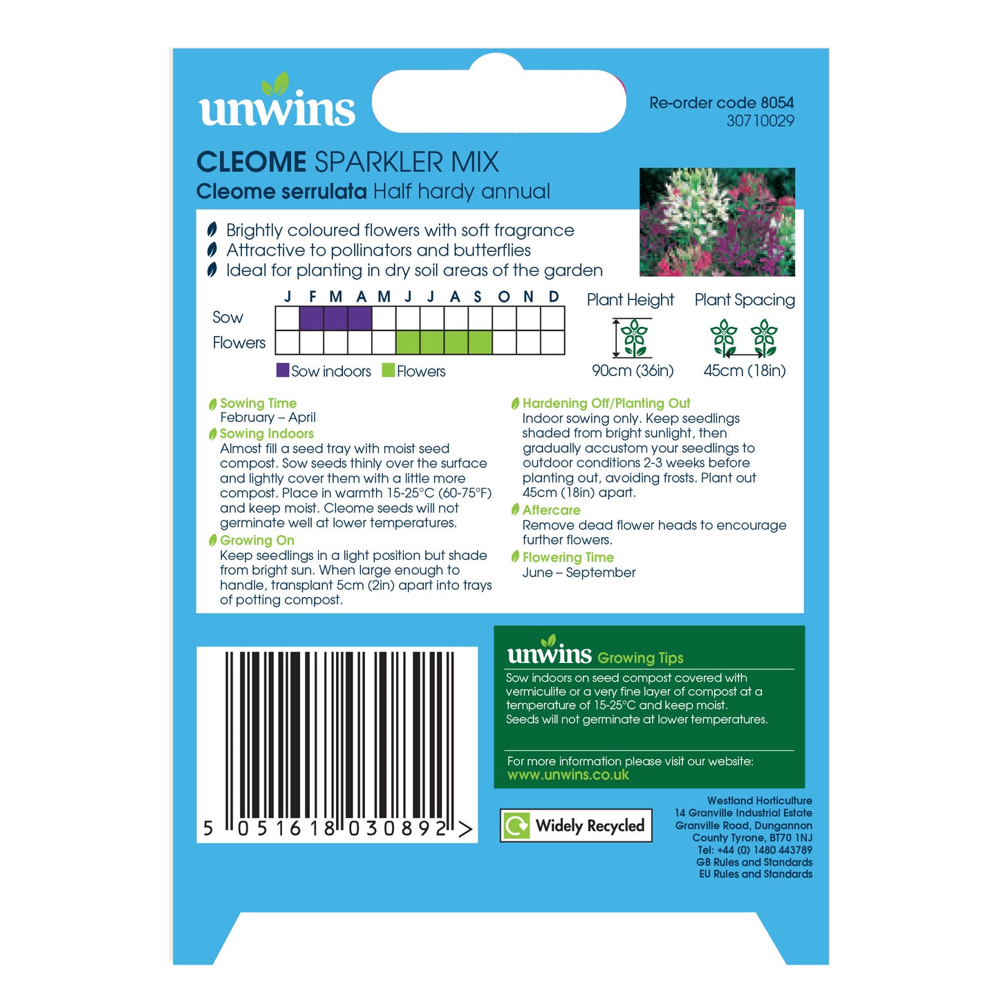 Unwins Cleome Sparkler Mix Seeds back