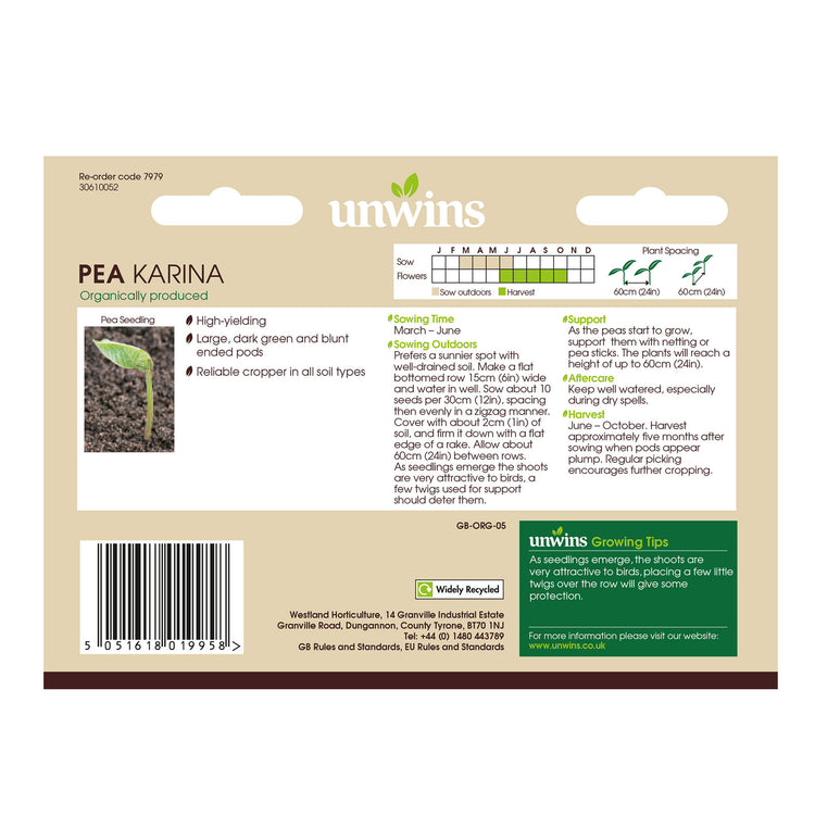 Unwins Organic Maincrop Pea Karina Seeds