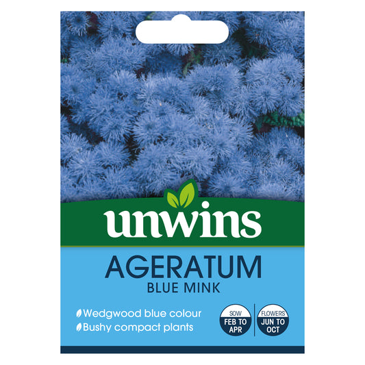 Unwins Ageratum Blue Mink Seeds front of pack