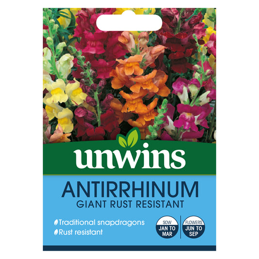 Unwins Antirrhinum Giant Rust Resistant Seeds front of pack