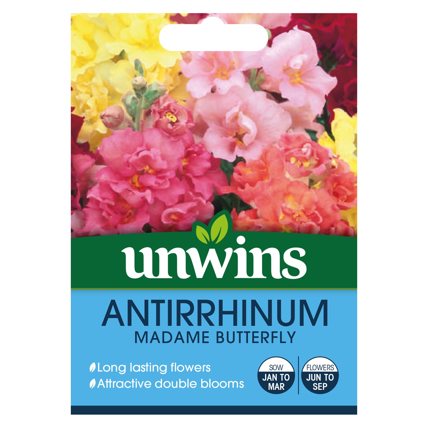 Unwins Antirrhinum Madame Butterfly Seeds front of pack