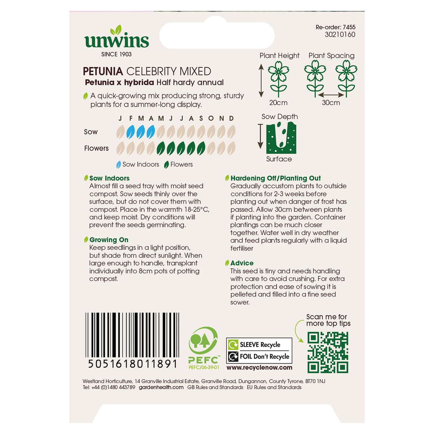 Unwins Petunia Celebrity Mixed Seeds back of pack