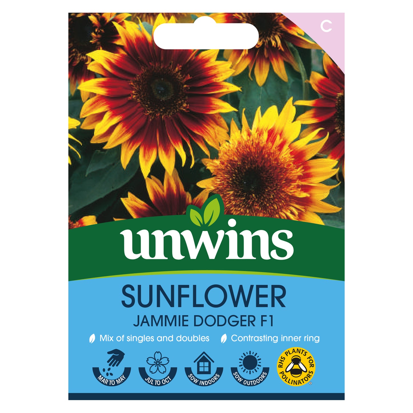 Unwins Sunflower Jammie Dodger F1 Seeds front of pack
