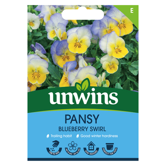 Unwins Pansy Blueberry Swirl Seeds front of pack