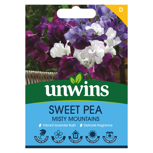 Unwins Sweet Pea Misty Mountains Seeds front of pack