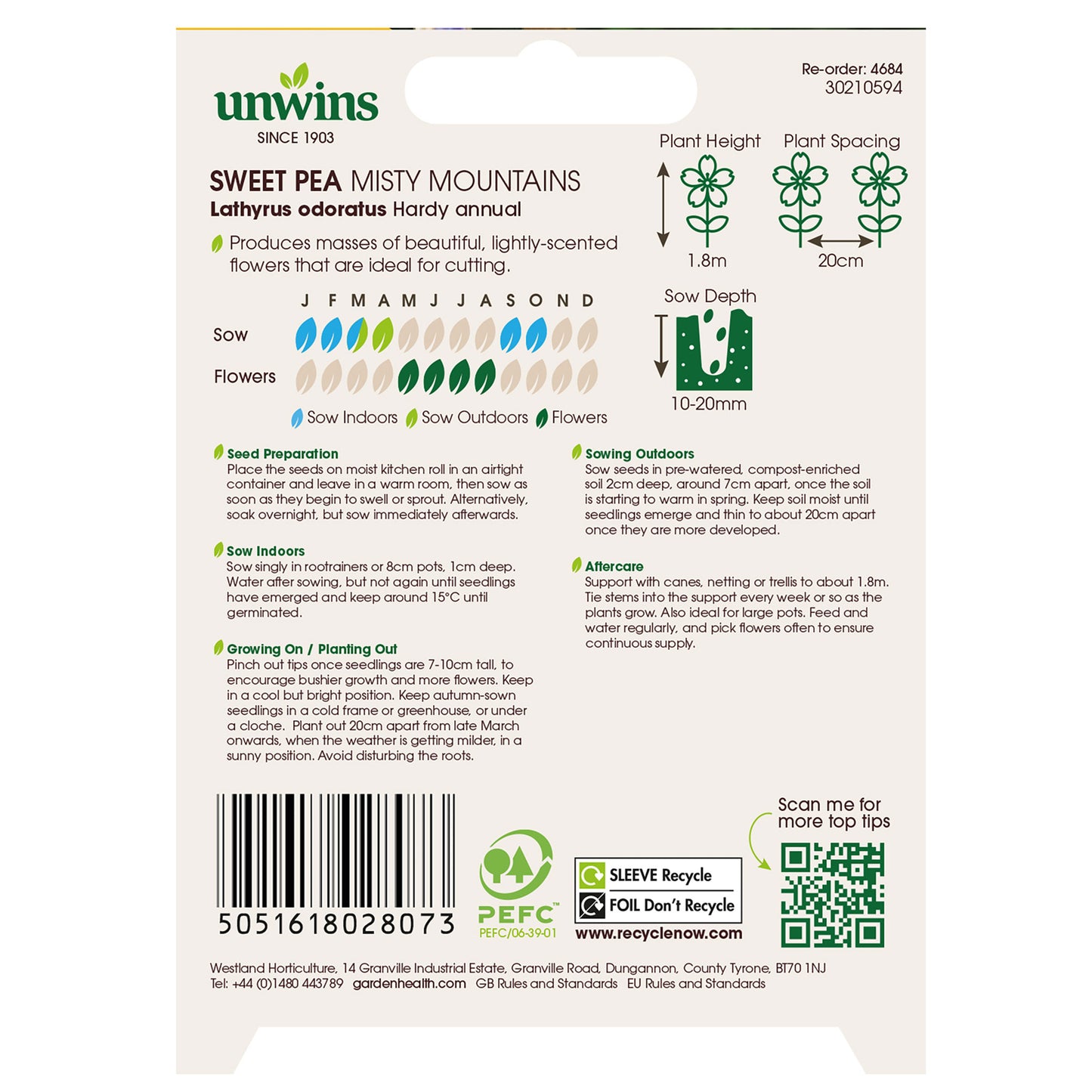 Unwins Sweet Pea Misty Mountains Seeds back of pack
