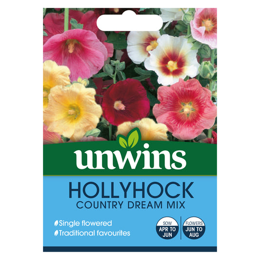 Unwins Hollyhock Country Dream Mix Seeds front of pack