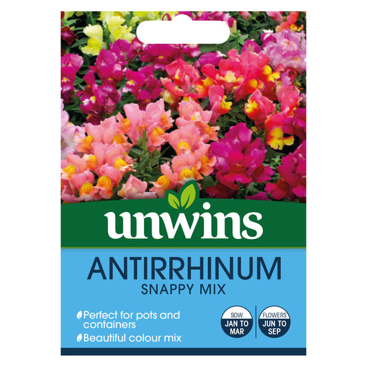 Unwins Antirrhinum Snappy Mix Seeds front of pack