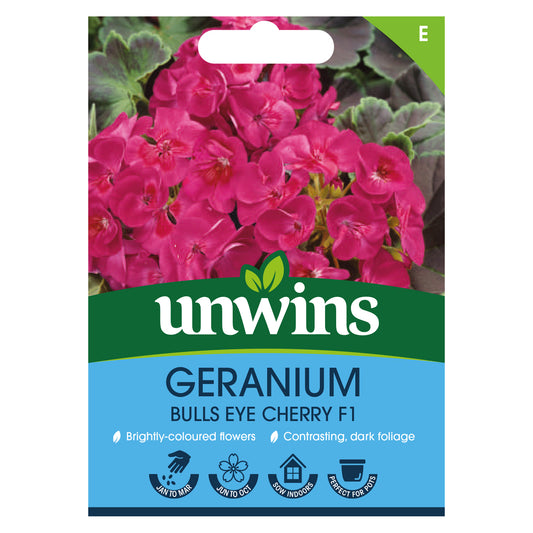 Unwins Geranium Bulls Eye Cherry F1 Seeds front of pack
