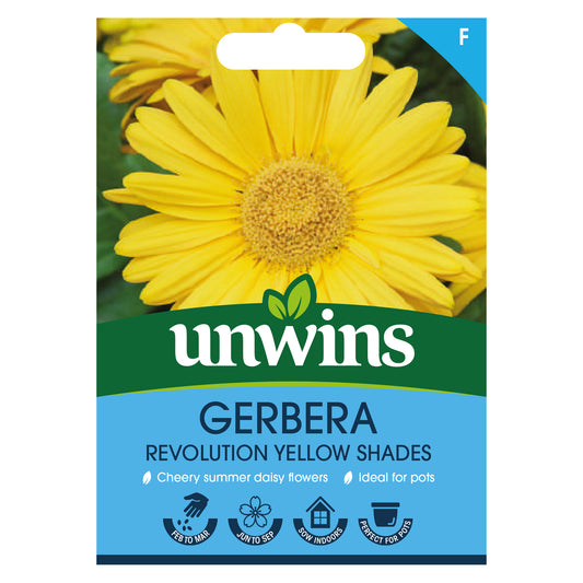 Unwins Gerbera Revolution Yellow Shades Seeds front of pack