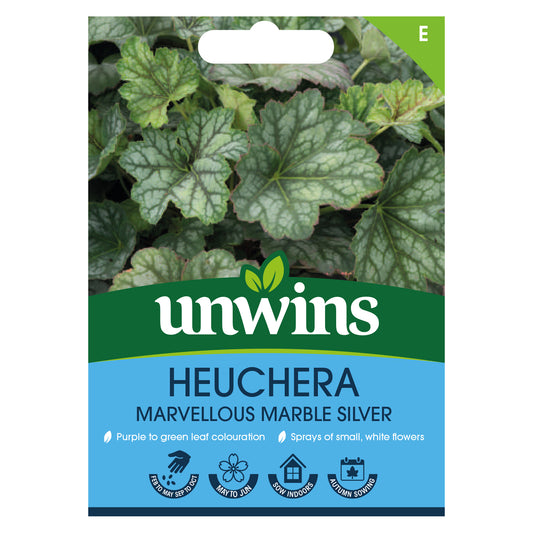 Unwins Heuchera Marvellous Marble Silver Seeds front of pack