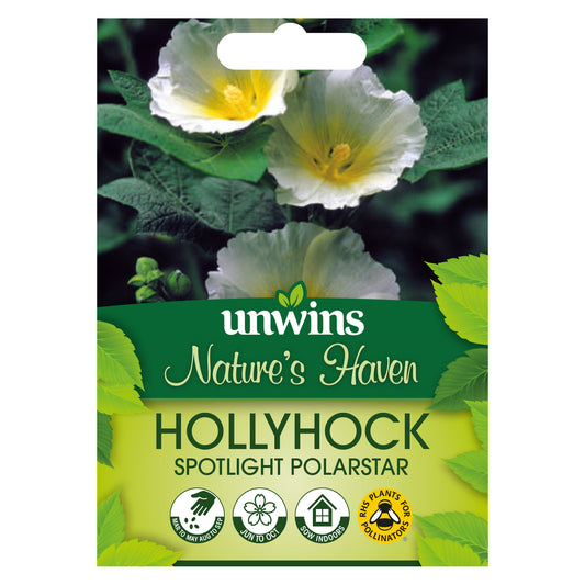 Nature's Haven Hollyhock Spotlight Polarstar Seeds front of pack