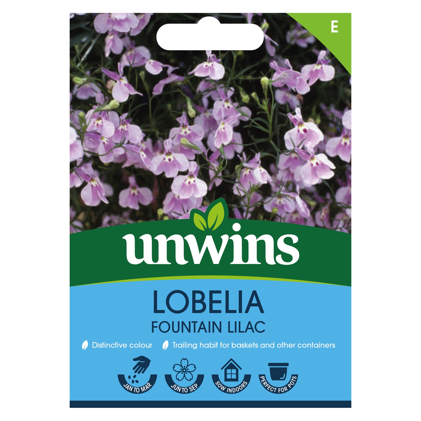 Unwins Lobelia Fountain Lilac Seeds front of pack