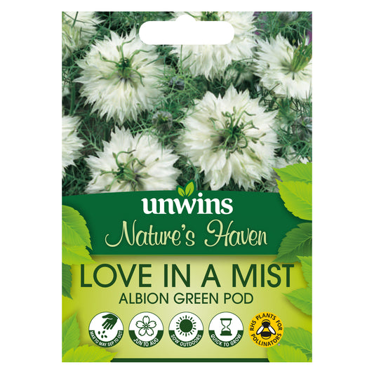 Nature's Haven Love in a Mist Albion Green Pod Seeds front of pack