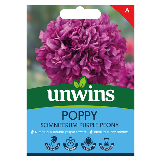 Unwins Poppy somniferum Purple Peony Seeds front of pack