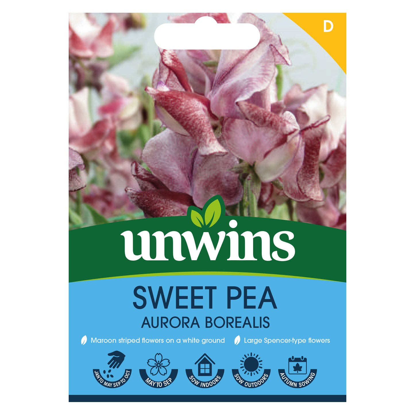 Unwins Sweet Pea Aurora Borealis Seeds front of pack