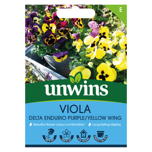 Unwins Viola Delta Endurio Purple Yellow Wing Seeds front of pack