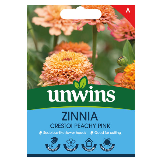 Unwins Zinnia Cresto! Peachy Pink Seeds front of pack