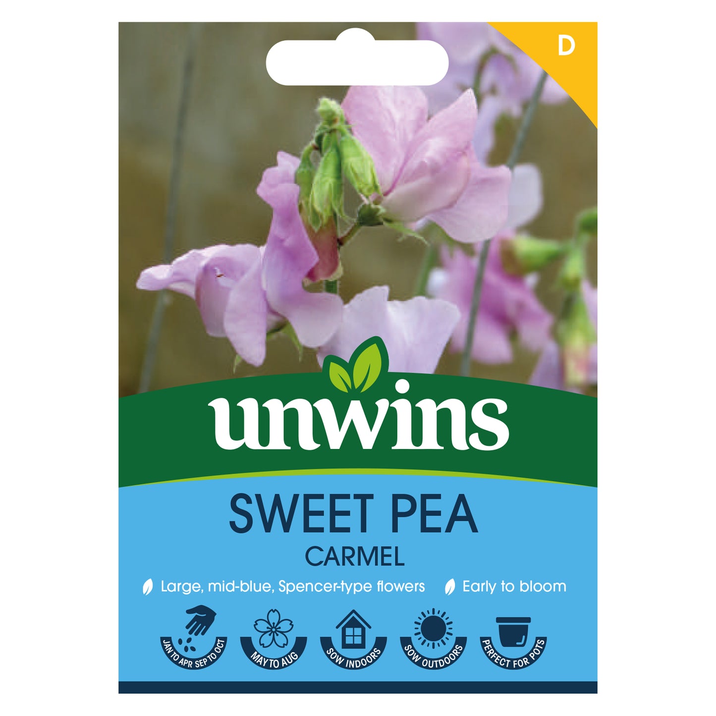 Unwins Sweet Pea Carmel Seeds front of pack