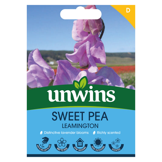 Unwins Sweet Pea Leamington Seeds front of pack