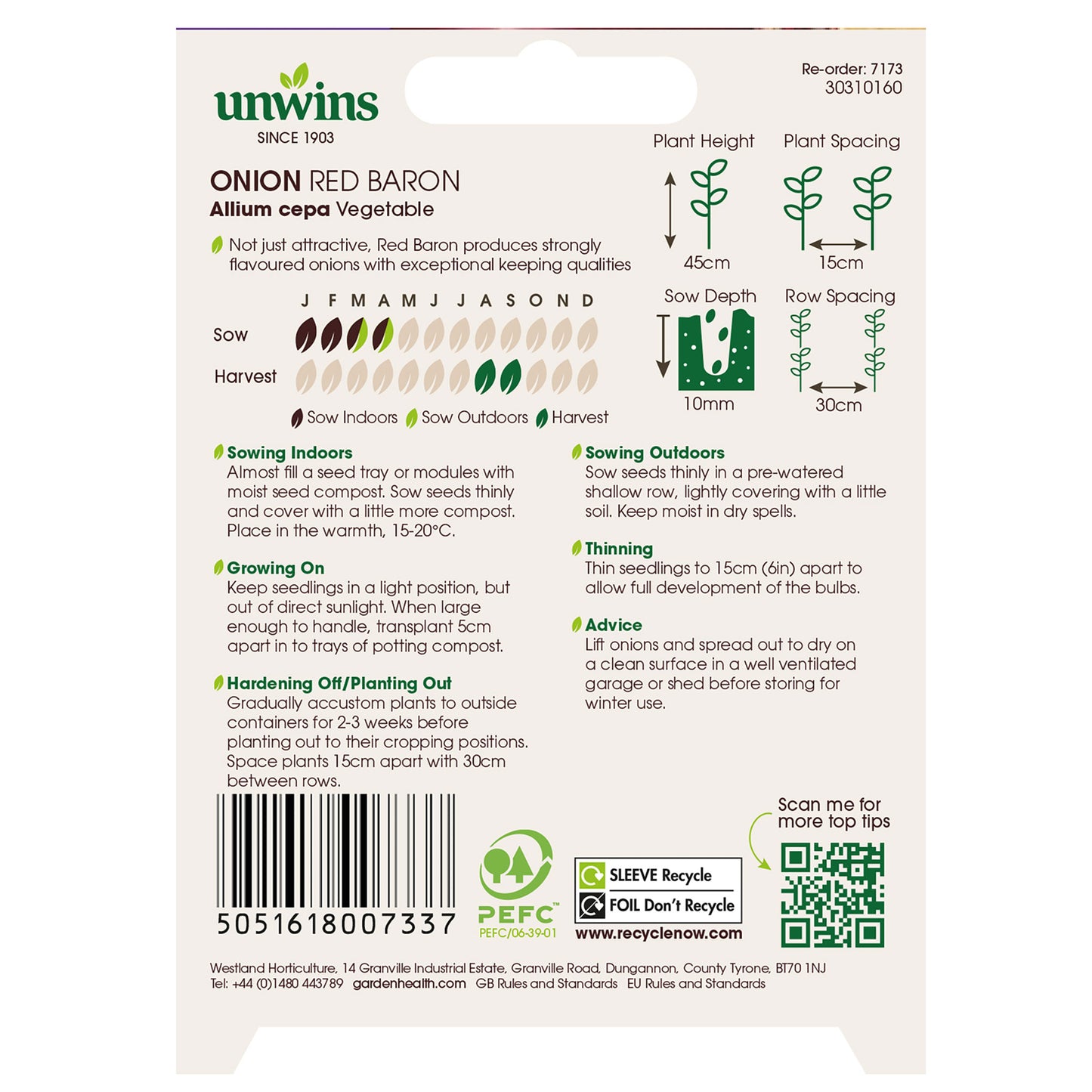 Unwins Onion Red Baron Seeds back of pack