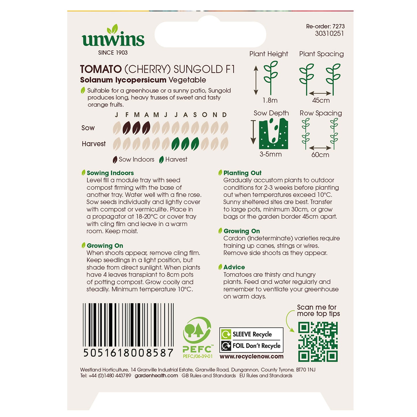 Unwins Cherry Tomato Sungold F1 seeds back of pack